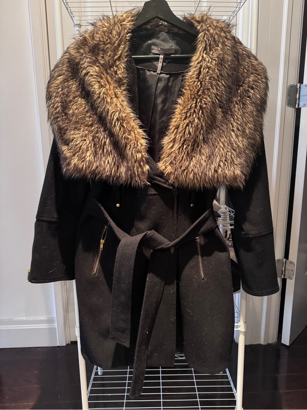 Buffalo David Bitton Black Trench Coat with Brown Faux Fur Collar